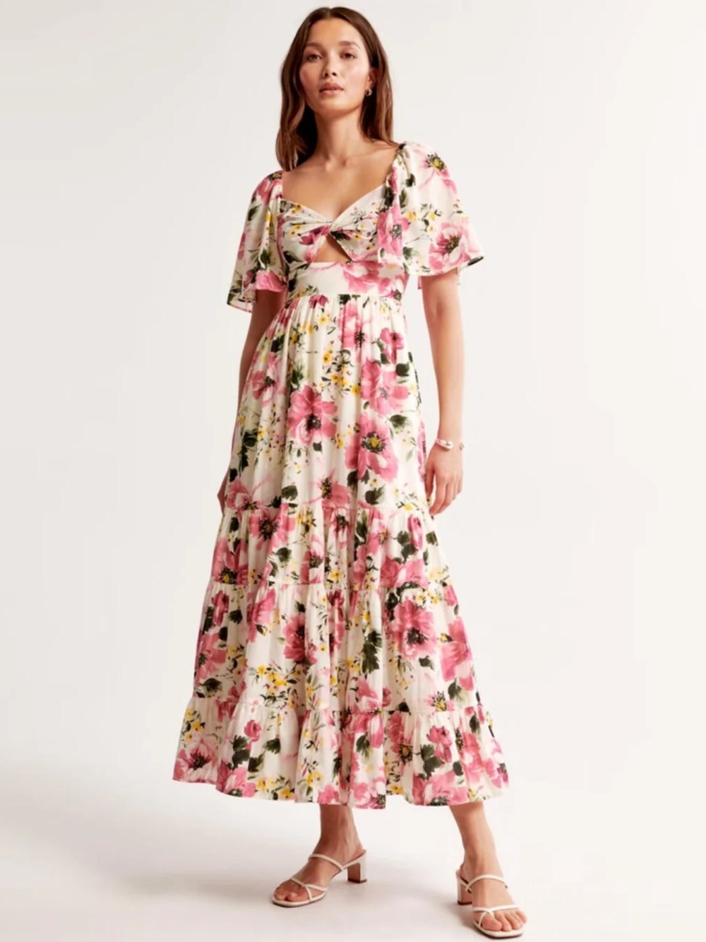 Abercrombie & Fitch Twist-Front Tiered Pink Floral Print Midi Dress Size XS